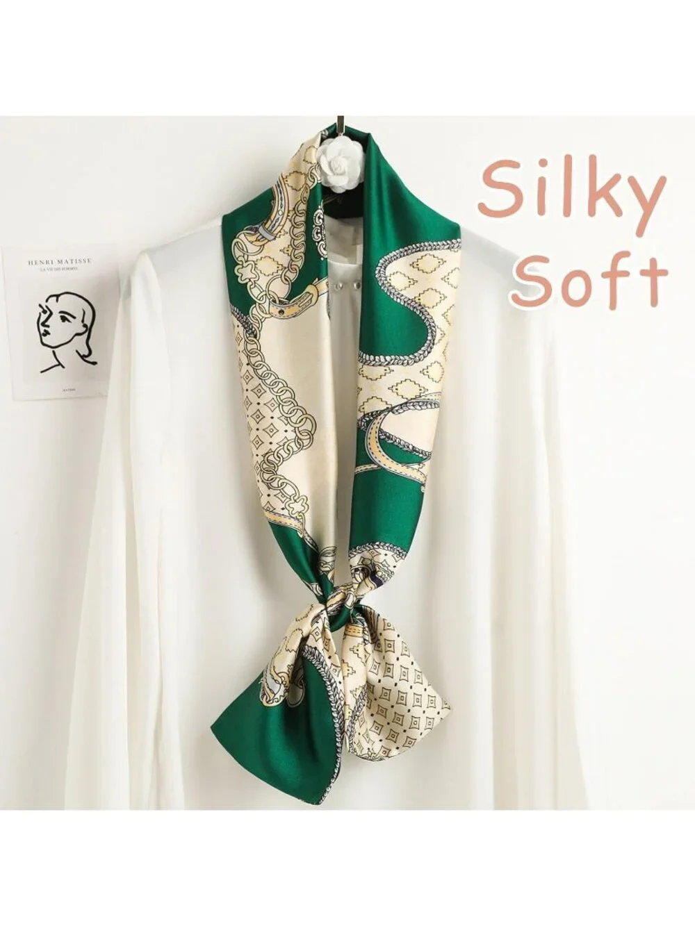 Women's Green Beige Plaid Stylish Satin Headscarf Wrap Lightweight Scarves Scarf